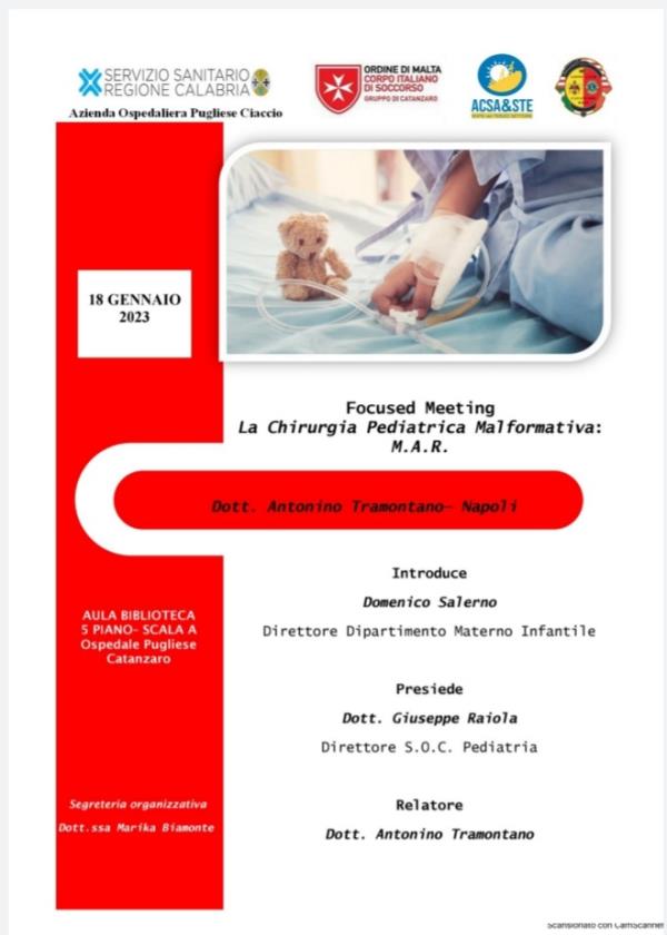 Progetto “Chirurgia Pediatrica Solidale”, il 18 gennaio al “Pugliese-Ciaccio” un incontro su  chirurgia malformativa