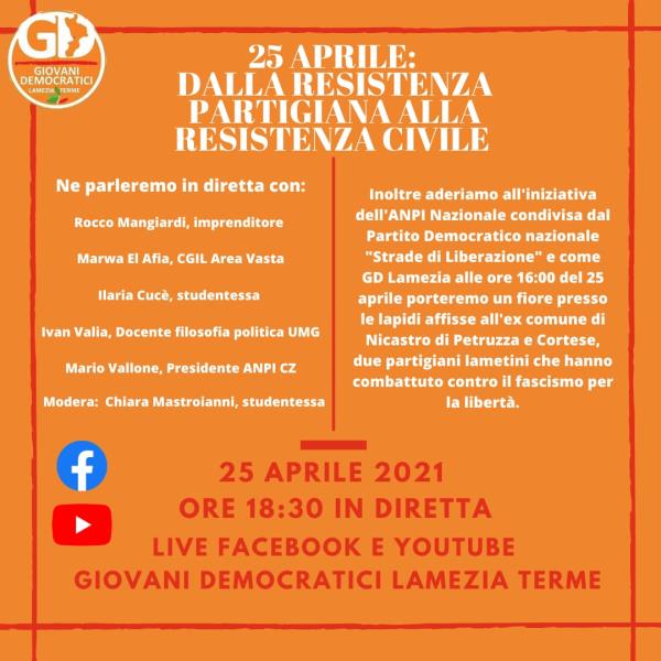 "Dalla Resistenza partigiana alla Resistenza civile": il 25 aprile online il confronto dei Giovani Democratici di Lamezia