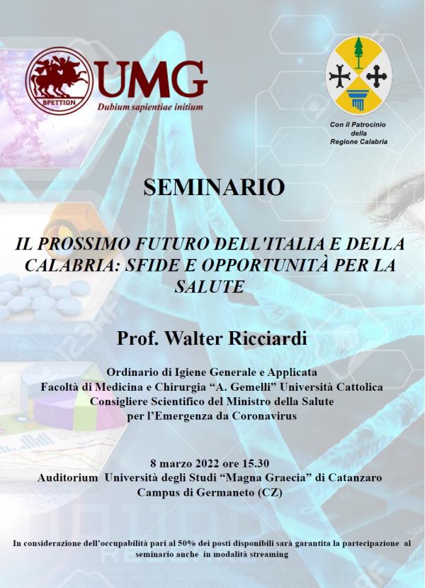 images Sfide e opportunità per la salute: domani il seminario del Prof. Walter Riccardi all'UMG di Catanzaro