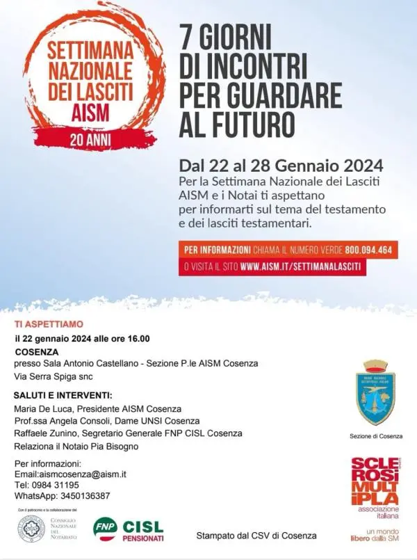 Anche la Sezione Provinciale AISM di Cosenza partecipa alla Settimana nazionale dei lasciti  