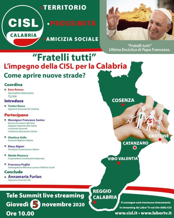 Il 5 novembre in streaming “Fratelli tutti”. L’impegno della CISL per la Calabria: come aprire nuove strade?