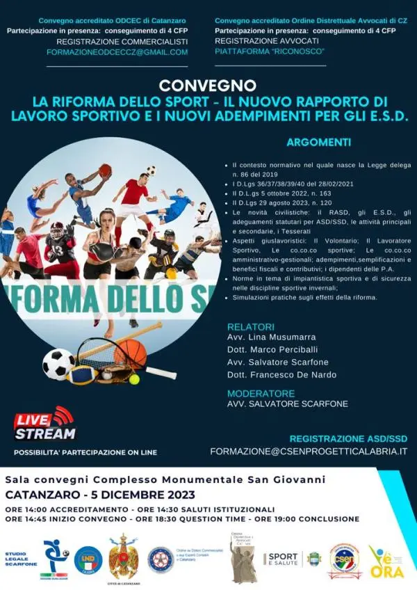 Catanzaro, al Complesso monumentale del San Giovanni si discute di "Riforma dell’ordinamento sportivo" 