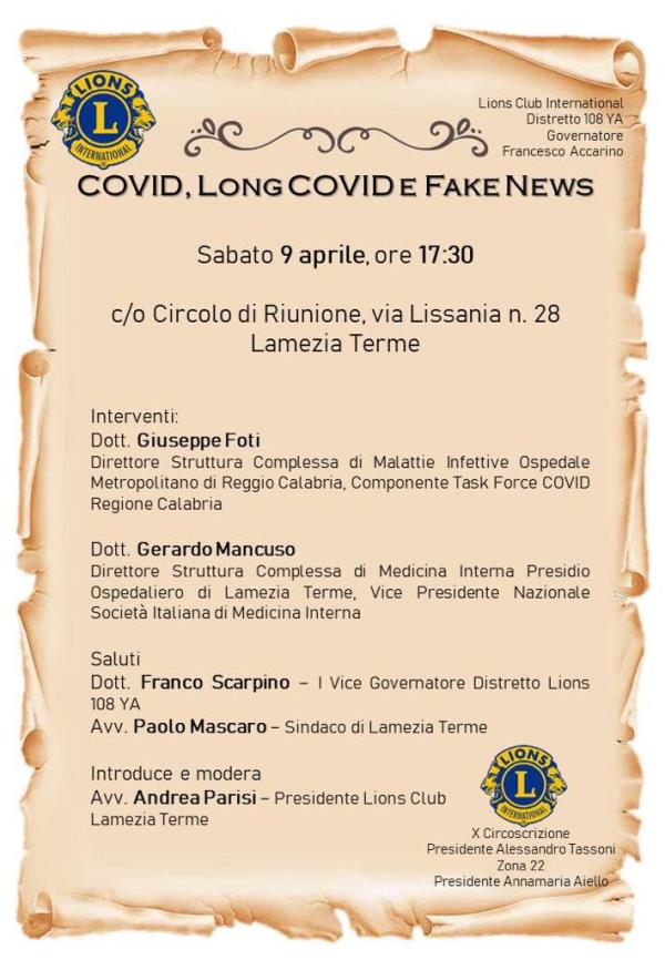 Covid, long covid e fake news: a Lamezia Terme sabato il convegno organizzato dal Lions Club