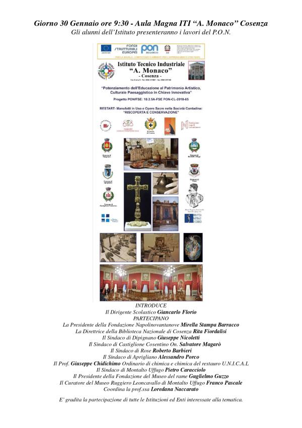 images Domani all'Iti "A.Monaco" di Cosenza  il progetto finale di "Restart-manufatti in uso e opere sacre nella società contadina: riscoperta e conservazione"
