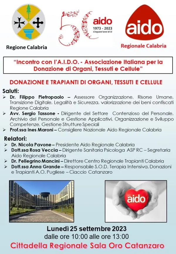 Donazione e trapianti di organi, il 25 settembre l'incontro con l'A.I.D.O. in Cittadella