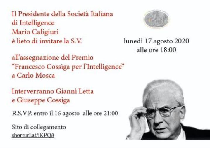 images Si terrà online il 17 agosto la consegna del premio “Francesco Cossiga per l’intelligence” al Prefetto Carlo Mosca