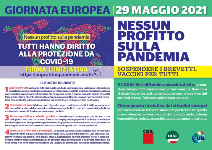 Giornata europea “No profit on pandemic, nessun profitto sulla pandemia”: Cgil, Cisl e Uil domani a Cosenza