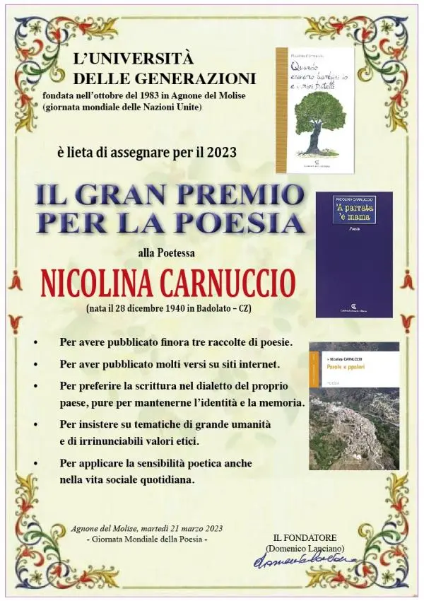 images Giornata mondiale della Poesia, premiata per i suoi versi la poetessa Nicolina Carnuccio