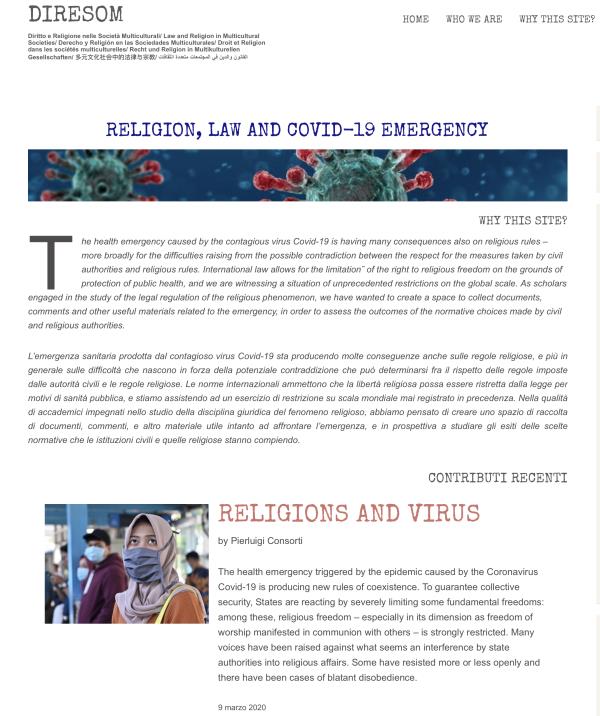 Coronavirus. Nasce “Religion, Law and Covid-19 Emergency”, il primo portale web che raccoglie documenti e commenti