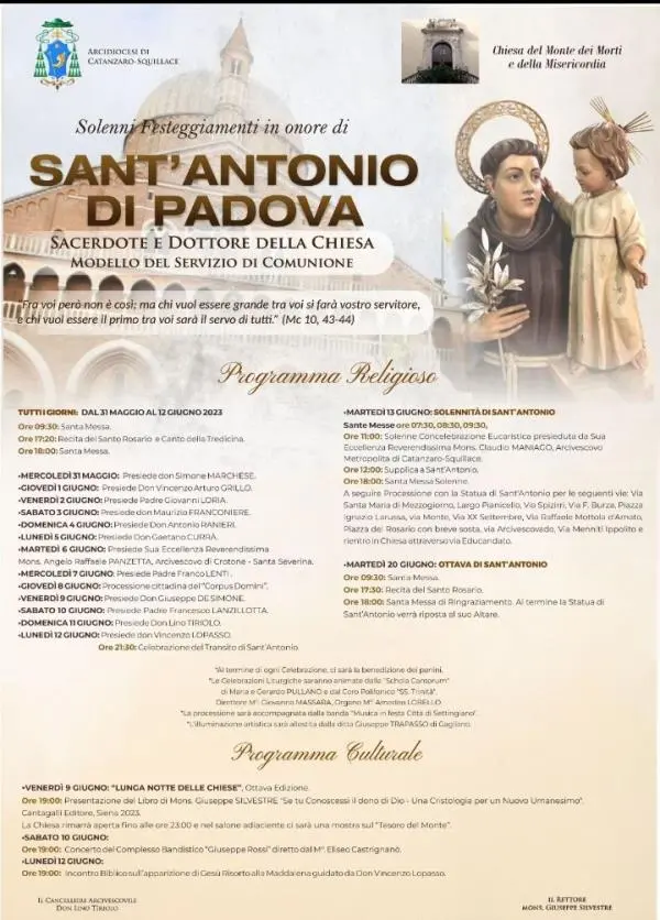 Catanzaro, il programma della festa di S. Antonio di Padova nella Chiesa del Monte