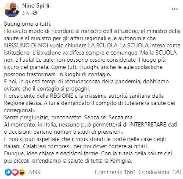 Scuola. Spirlì su Facebook: "Le aule non sono il posto più sicuro. Parlano numeri e studi"