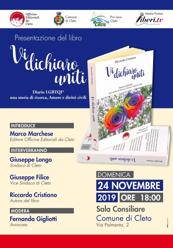 Amore e diritti civili tra le pagine del libro di Riccardo Cristiano: domenica a Cleto la presentazione della sua storia d'amore con Marco lunga 20 anni