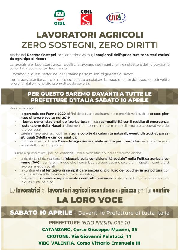 Sabato 10 aprile protesta dei lavoratori del settore agricolo esclusi dai ristori davanti alle Prefetture dell'area centro