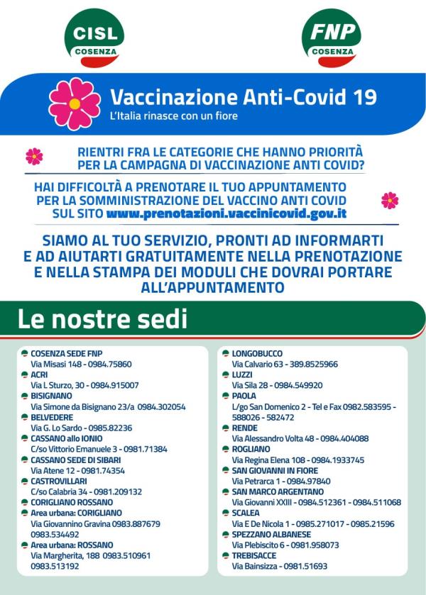 images Nelle sedi CISL del cosentino assistenza gratuita per  prenotare il vaccino Covid-19 sulla piattaforma dedicata