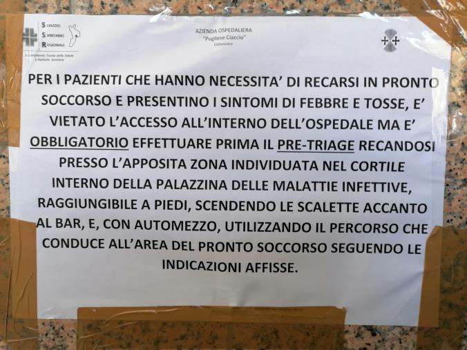 Coronavirus. L'ospedale Pugliese Ciaccio fornisce le indicazioni su cosa fare quando si arriva in Pronto Soccorso