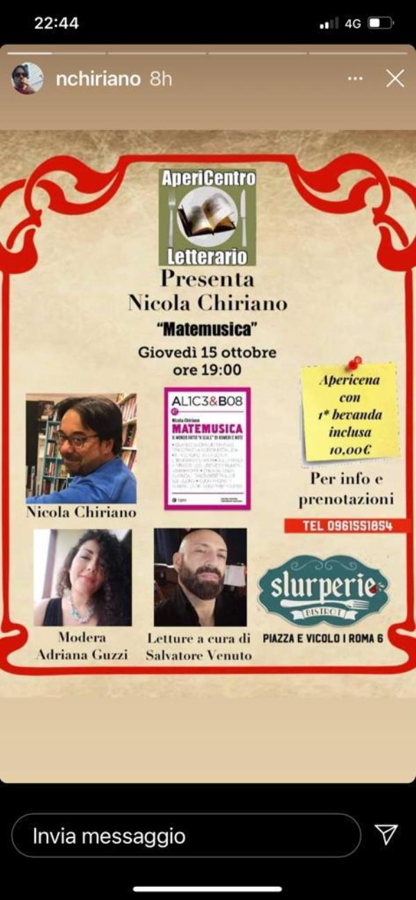 "Apericentro" a Catanzaro: giovedì 15 ottobre appuntamento con "Matemusica" di Nicola Chiriano