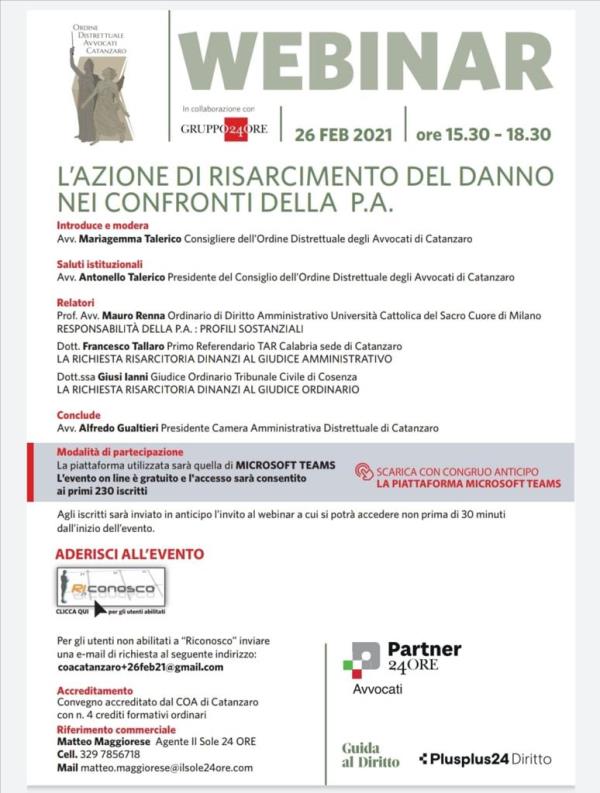 "L'azione di risarcimento del danno nei confronti della P.A.", concluso il webinar del COA di Catanzaro