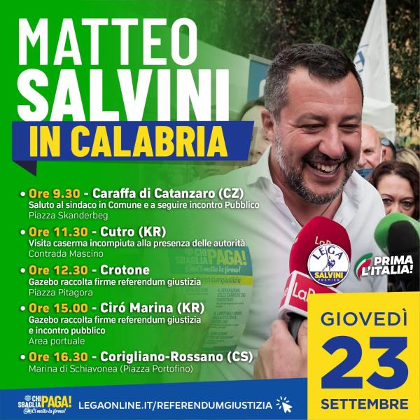 Regionali. Il 23 settembre Matteo Salvini torna in Calabria