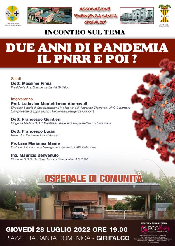 images Girifalco, "Pandemia, Pnrr e ospedale di comunità”: incontro pubblico promosso dall’Associazione Emergenza Sanità