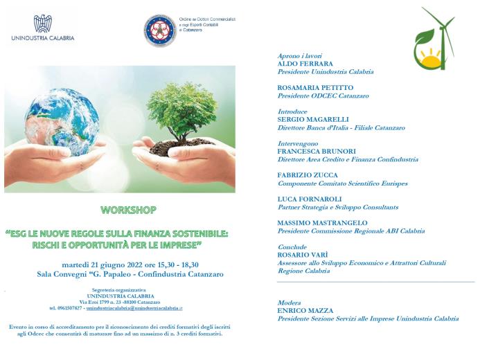 "ESG le nuove regole sulla finanza sostenibile: rischi e opportunità per le imprese", ne discute Unindustria in un workshop