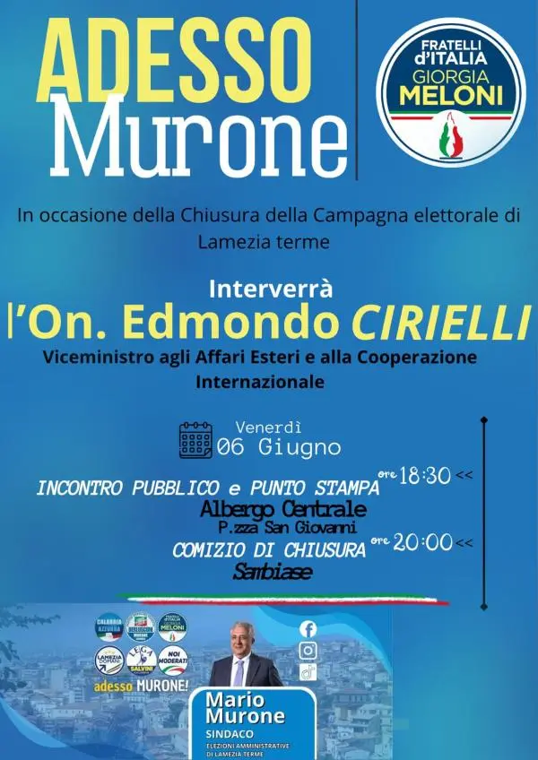 Comunali a Lamezia, Cirielli ospite a un incontro pubblico a sostegno del candidato Mario Murone 