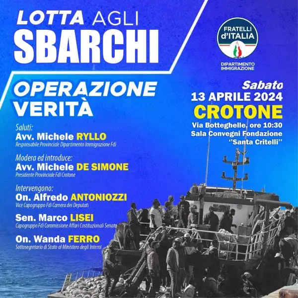 Fratelli D'Italia Crotone, il 13 aprile un convegno sull'immigrazione alla presenza dell'Onorevole Wanda Ferro