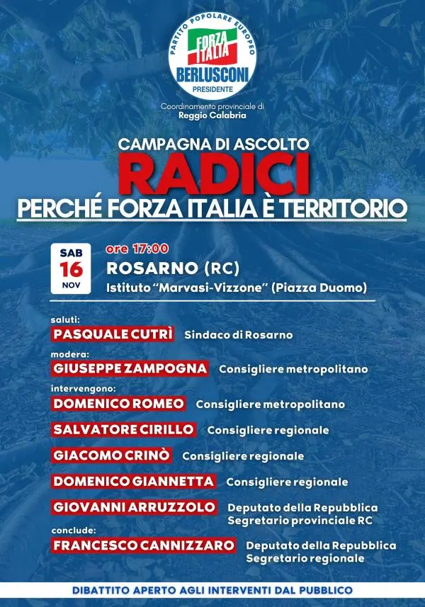 Al via oggi la campagna di ascolto “Radici” di Forza Italia: le prime tappe