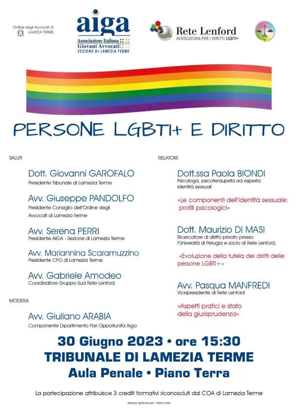 images “Persone LGBTI+ e Diritto”, l'incontro a Lamezia organizzato dall'Ordine degli Avvocati