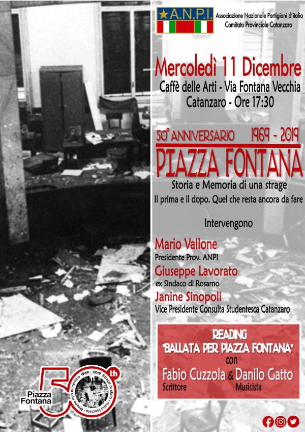 La strage di Piazza Fontana 50 anni dopo. Mercoledì il ricordo dell'Anpi al Caffè delle Arti di Catanzaro