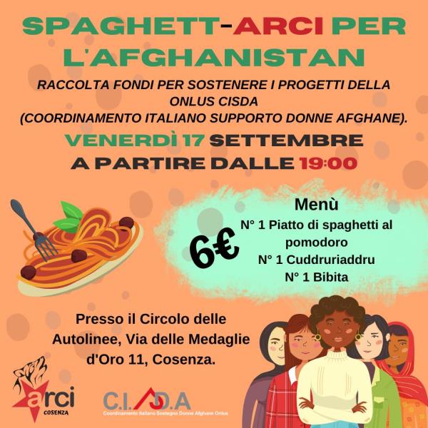 images Cosenza. Il 17 settembre "Una spaghettata per l'Afghanistan". L'impegno di Arci Cosenza per la raccolta fondi