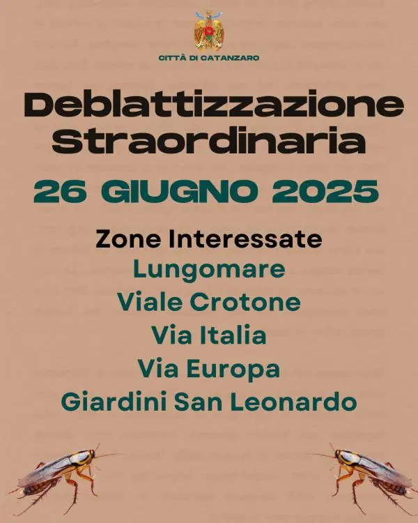 Al via oggi la deblattizzazione straordinaria nelle zone turistiche di Catanzaro (IL CALENDARIO) 