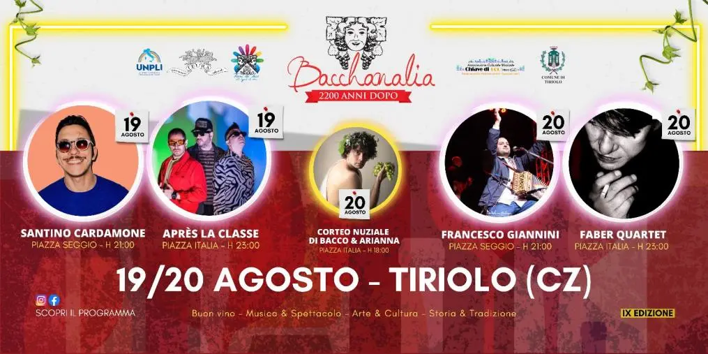 Tiriolo, ritorna Bacchanalia: il 19 e 20 agosto storia, cultura e musica al sapor di vino