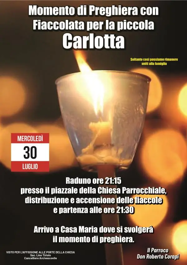 Amaroni: domani una Fiaccolata per la piccola Carlotta.Don Roberto Corapi sospende i fuochi e il concerto per la festa patronale