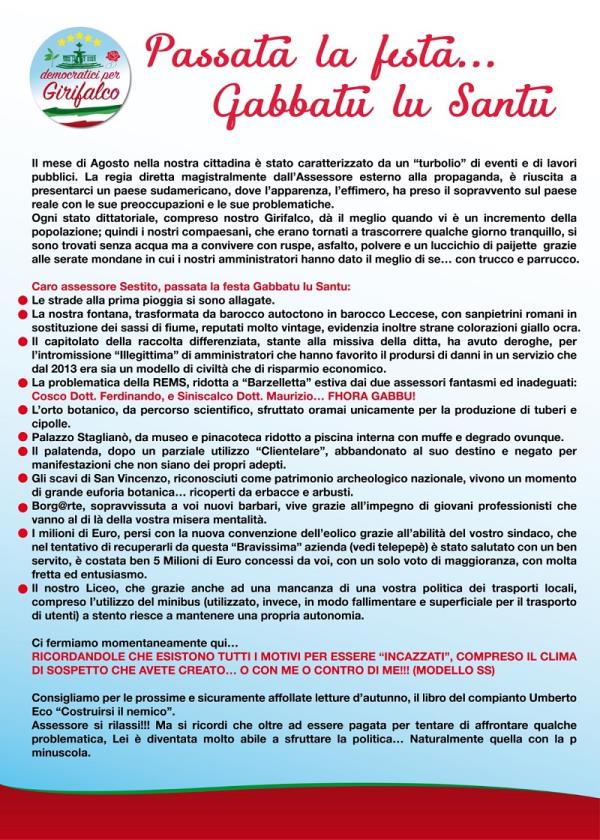 images "Passata la festa gabbatu lu santu". Manifesto pubblico dei Democratici di Girifalco contro la giunta comunale