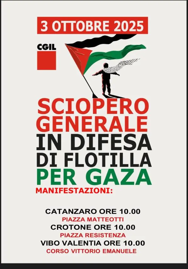 Sciopero generale per Gaza e la Flotilla: domani mobilitazioni a Catanzaro, Crotone, Vibo e Lamezia 