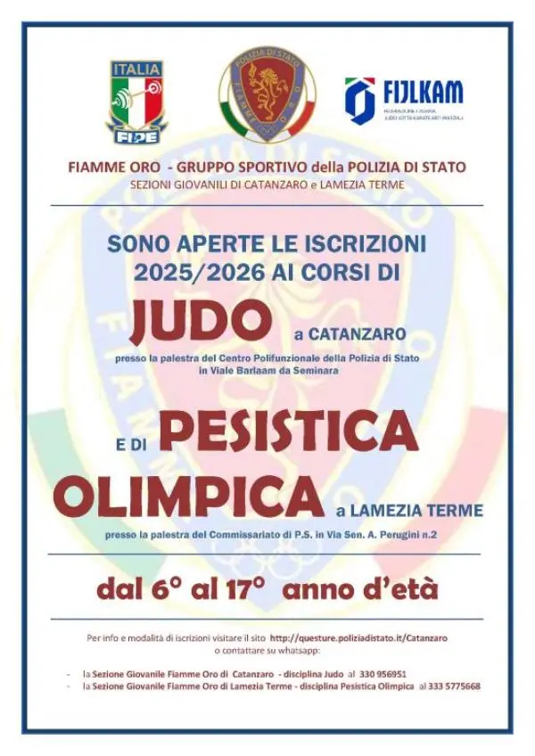 Fiamme Oro Gruppo Sportivo della Polizia di Stato Sezioni Giovanili di Catanzaro e Lamezia: aperte le iscrizioni ai corsi 2025-2026