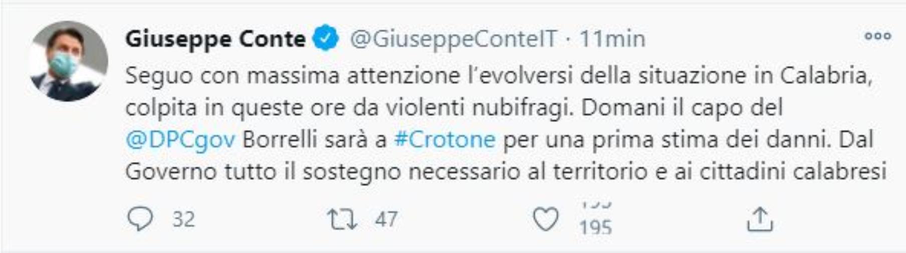 images Maltempo. Il premier Conte twitta per la Calabria: "Dal Governo tutto il sostegno necessario"