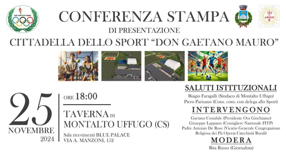 A Montalto Uffugo il 25 novembre la presentazione della Cittadella dello Sport “Don Gaetano Mauro”