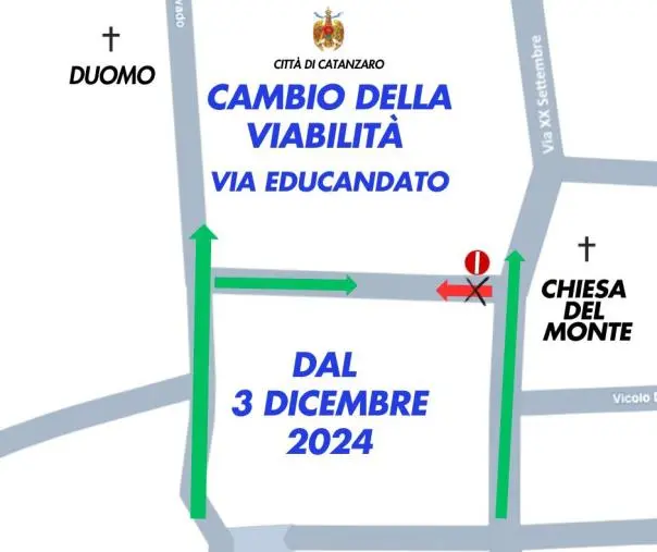 Catanzaro, da domani 3 dicembre senso unico di marcia in Via Educandato