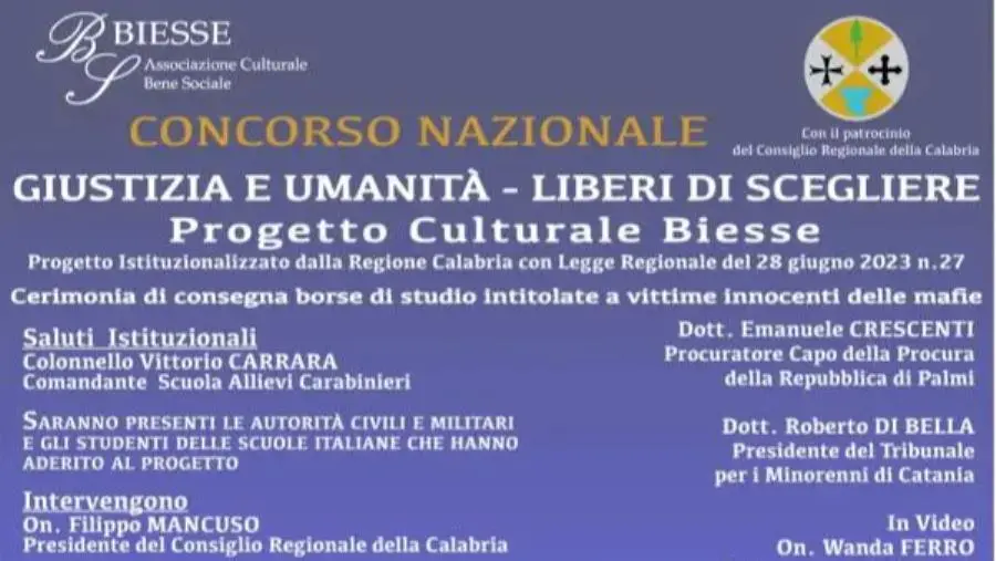 Progetto Biesse Giustizia e Umanità Liberi di Scegliere, a Reggio la consegna delle borse di studio 