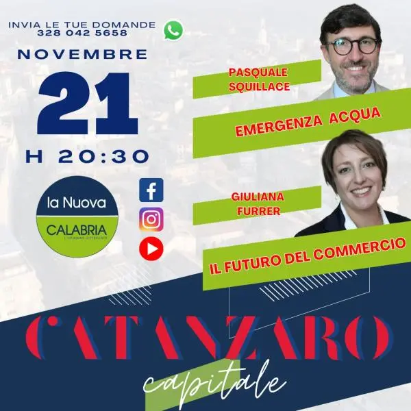 Catanzaro Capitale, emergenza acqua e commercio: ospiti Squillace e Furrer (DIRETTA ALLE 20.30)