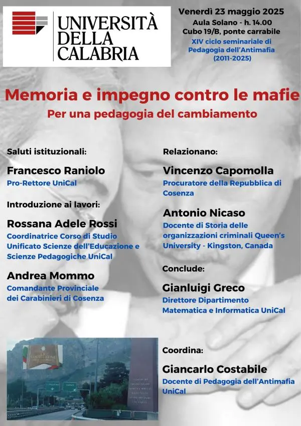 Unical, nel giorno di Capaci giornata di studio antimafia con il Procuratore Capomolla e il professore Nicaso