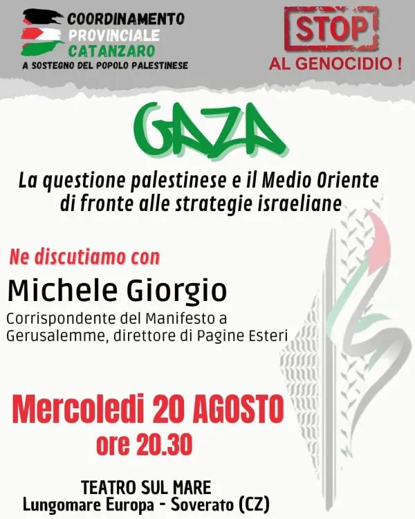 'Gaza. La questione palestinese e il Medio Oriente di fronte alle strategie israeliane': se ne parla a Soverato