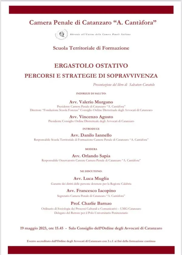 Ergastolo ostativo, percorsi e strategie di sopravvivenza: venerdì 19 maggio l'incontro della Camera penale di Catanzaro