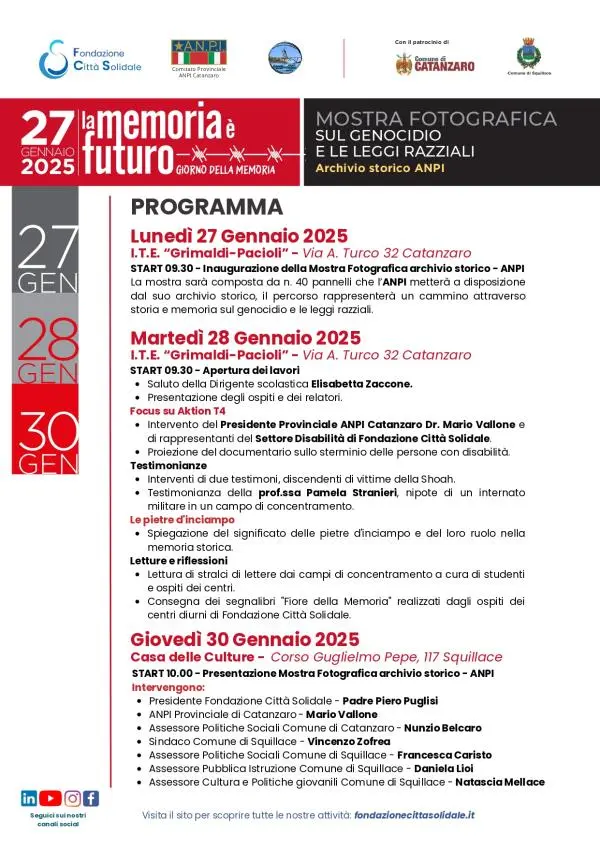 "La memoria è futuro", tutte le iniziative del 27 gennaio nelle scuole e nelle strutture di Padre Piero Puglisi 