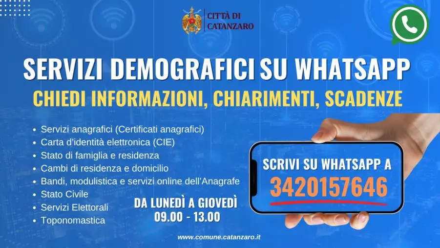 Il Comune di Catanzaro lancia il servizio WhatsApp per i servizi demografici, Iemma: “Più vicini ai cittadini”