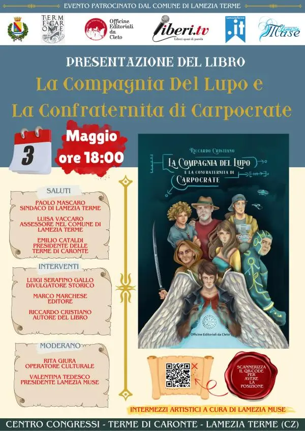 Lamezia Terme, venerdì 3 maggio la presentazione del libro “La Compagnia del Lupo e la confraternita di Carpocrate” di Riccardo Cristiano