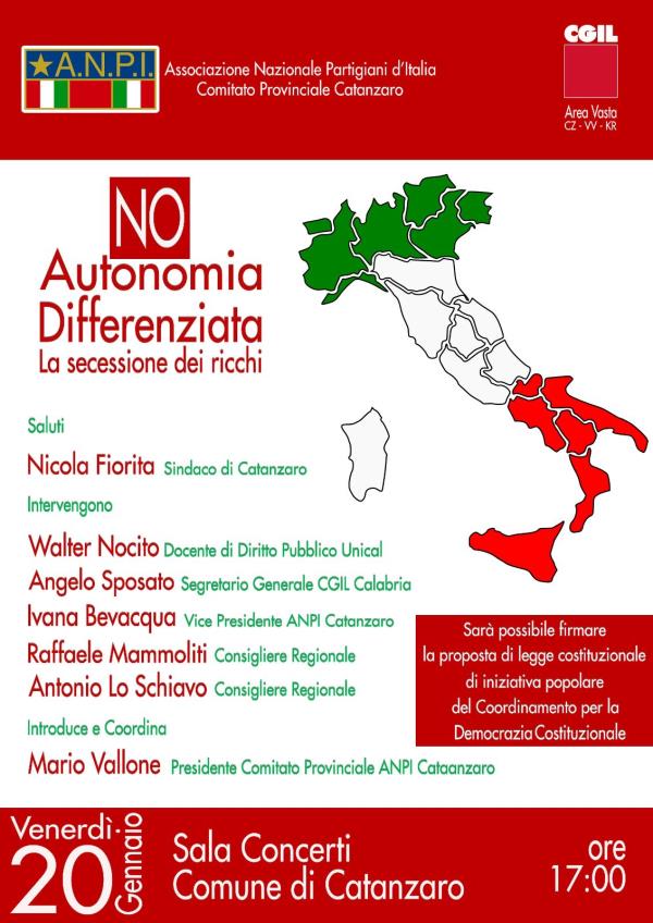 images Catanzaro, "No ad ogni forma di Autonomia Differenziata": l'incontro promosso da Anpi