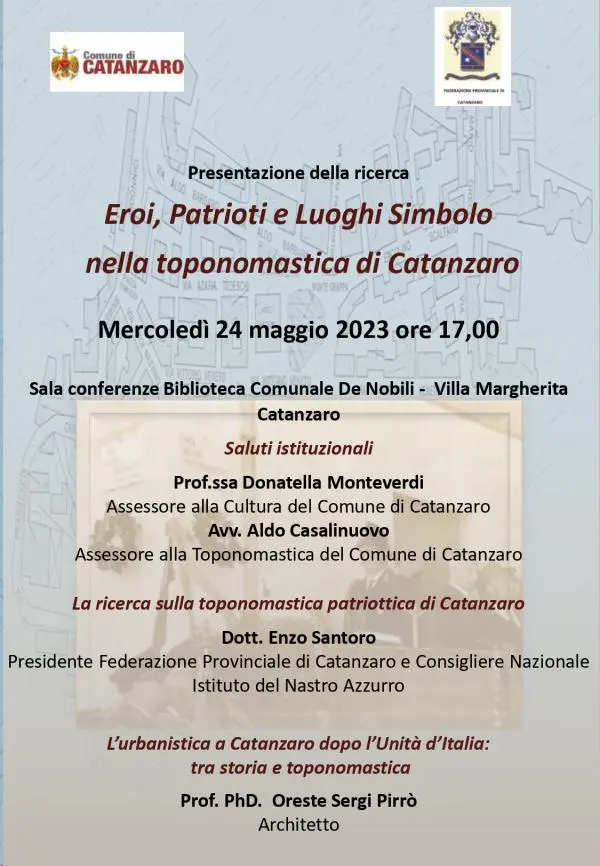 "Eroi, patrioti e luoghi simbolo nella toponomastica di Catanzaro": appuntamento nella Biblioteca De Nobili 
