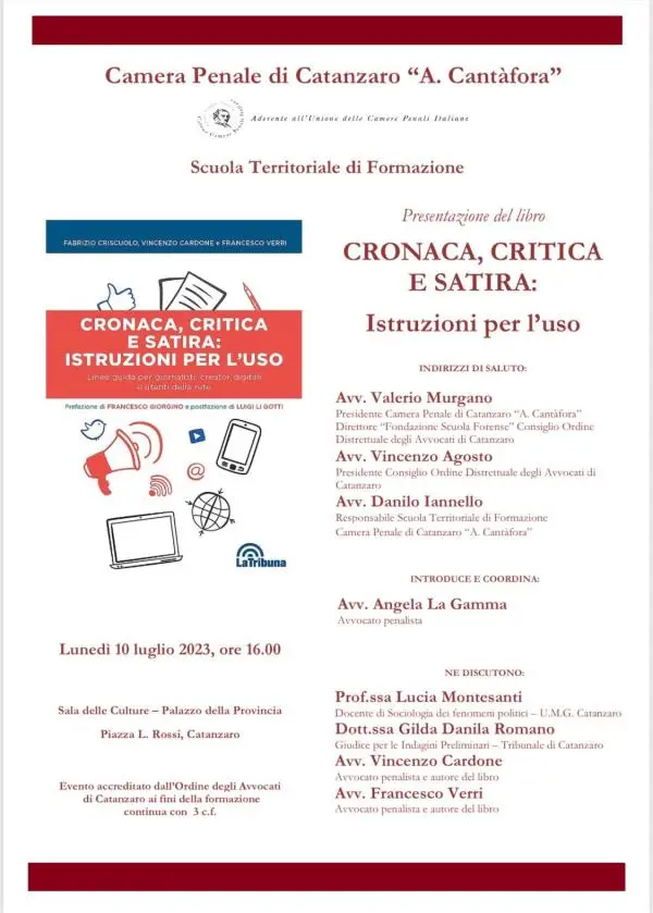 images Il 10 luglio a Catanzaro convegno su “Cronaca, critica e satira: istruzioni per l’uso” e presentazione del libro